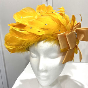 Vintage Ms Devine hat bright yellow feathers satin bow & rhinestones statement